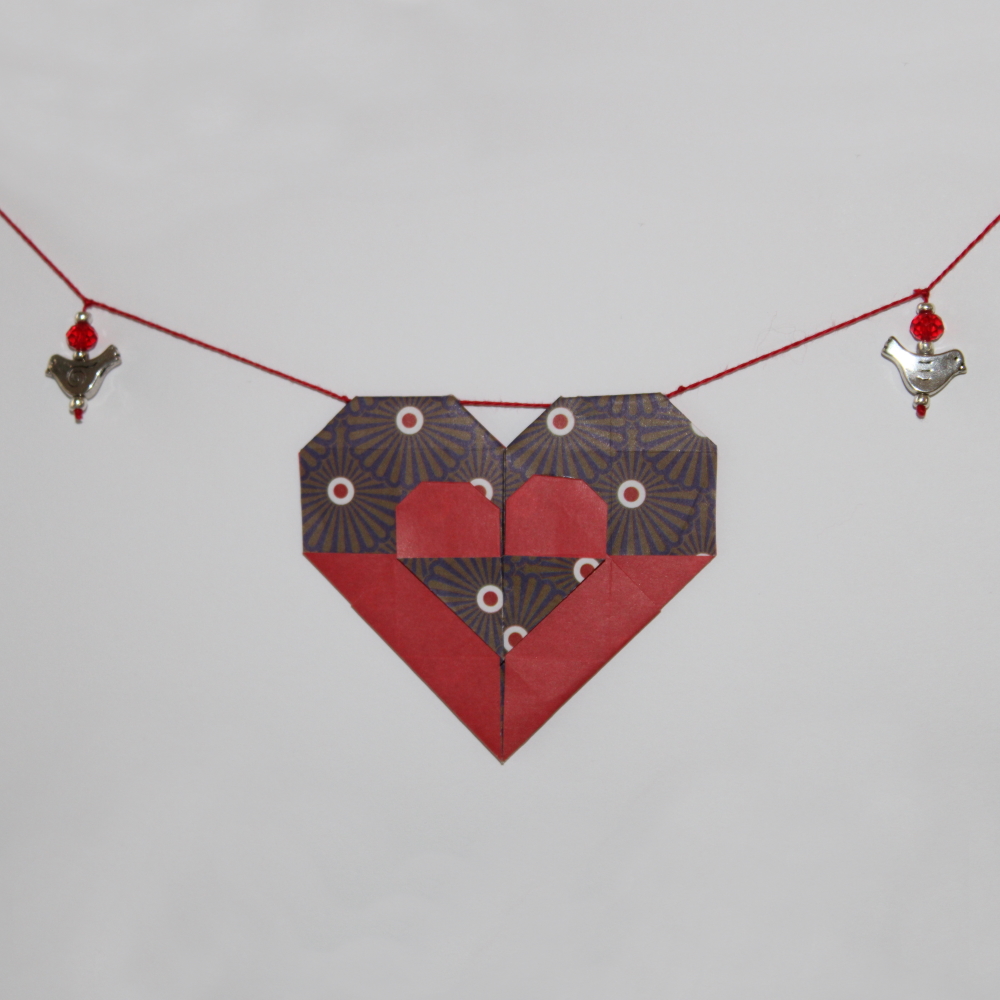origami heart garland with silver birds